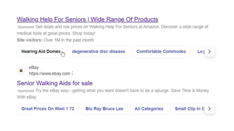 Screenshot of Bing search results showing sponsored ads for walking aids and senior products with expanded sitelinks displayed below each ad