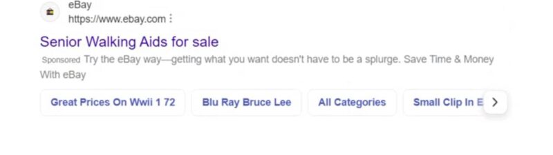 Screenshot of Bing search results showing sponsored ads for walking aids and senior products with expanded sitelinks displayed below each ad