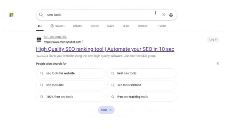 A Google search results page for "seo tools," showing a sponsored ad for a high-quality SEO ranking tool at the top and related search suggestions below, such as "best seo tools" and "100% free seo tools.
