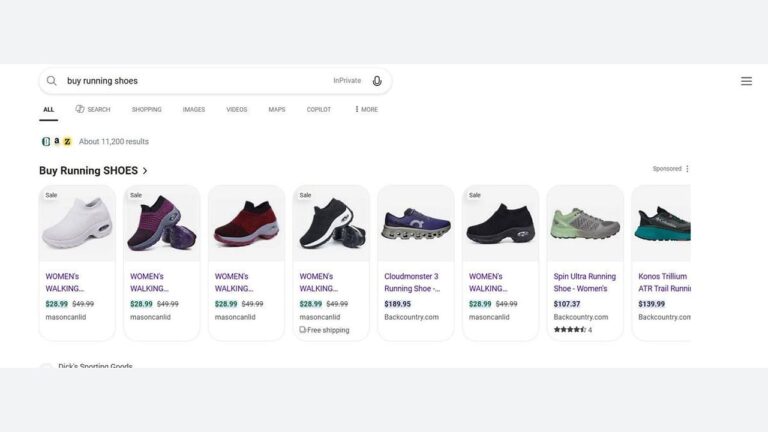 Screenshot of a Google search for “buy running shoes” showing a row of various women’s running shoes, prices, sellers, ratings, and sale labels, including brands like Cloudmonster and Kronos on a white background.