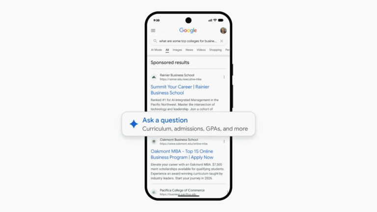Mobile phone displaying Google search results for top business colleges with sponsored ads from Rainier Business School and Oakmont Business School, featuring an "Ask a question" prompt about curriculum and admissions in AI mode