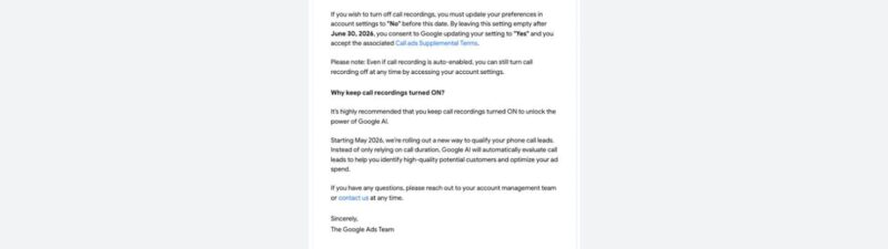 A Google Ads email notification states that unselected Google Call Recording settings will default to “Yes” starting July 1, 2026, and explains the change, recommended actions, and features a blue “Access your account” button.