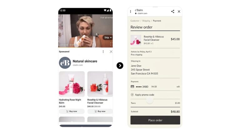 Two smartphone screens: the left shows a woman using skincare, with a "Natural skincare" ad displaying two products; the right shows an online checkout for "Rosehip & Hibiscus Facial Cleanser" totaling $48.80 after tax.
