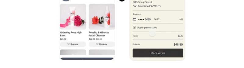 Two smartphone screens: the left shows a woman using skincare, with a "Natural skincare" ad displaying two products; the right shows an online checkout for "Rosehip & Hibiscus Facial Cleanser" totaling $48.80 after tax.