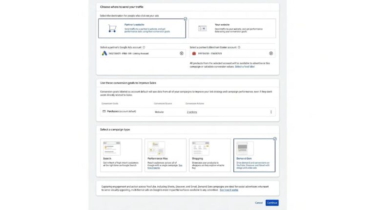 Screenshot of a Google Ads setup page showing options to select website or merchant center account, choose conversion goals, and pick a campaign type such as Search, Performance Max, Shopping, or Demand Gen.