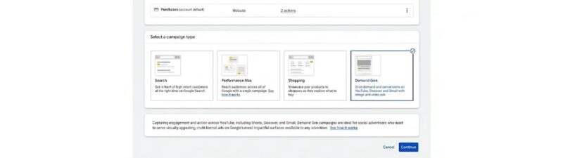Screenshot of a Google Ads setup page showing options to select website or merchant center account, choose conversion goals, and pick a campaign type such as Search, Performance Max, Shopping, or Demand Gen.