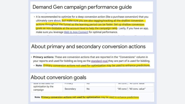 Screenshot of a guide discussing Demand Gen campaign performance, highlighting tips to tag and track all conversion actions for faster learning, and emphasizing that primary conversion actions are needed for optimization and prediction accuracy.
