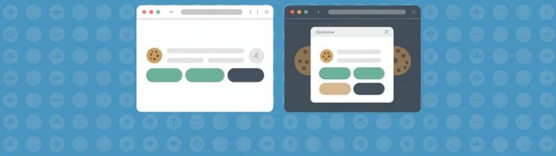 Four stylized browser windows display cookie consent banners, each with buttons and a cookie icon, against a blue background with faint circular patterns.