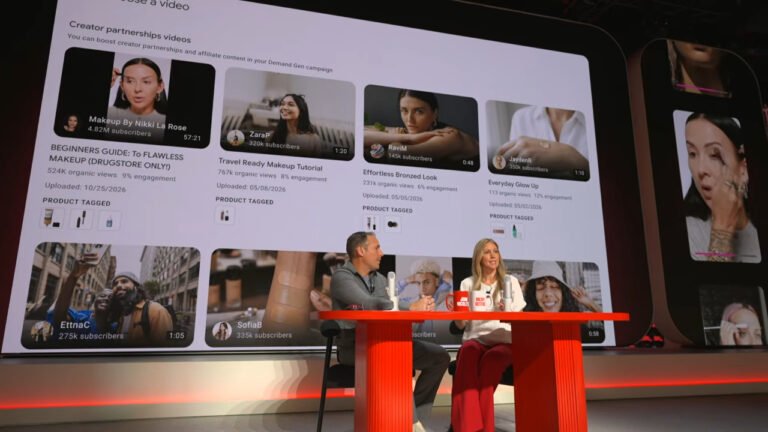 Two presenters sitting on a red stage discussing creator partnership videos displayed on a large screen behind them, showing beauty and lifestyle content from various creators with subscriber counts and engagement metrics.