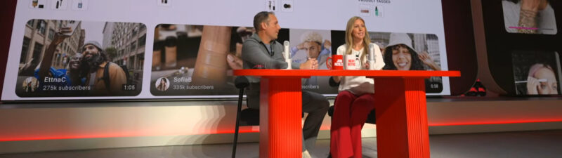 Two presenters sitting on a red stage discussing creator partnership videos displayed on a large screen behind them, showing beauty and lifestyle content from various creators with subscriber counts and engagement metrics.