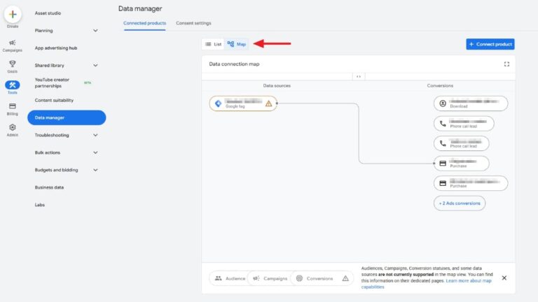 Screenshot of Google's Data Manager screen showing a data connection map between an app and multiple conversion actions, with a red arrow pointing to the "Map View" option at the top.