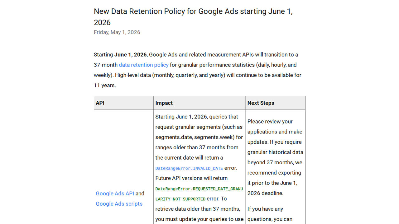 Data Retention Update In Google Ads