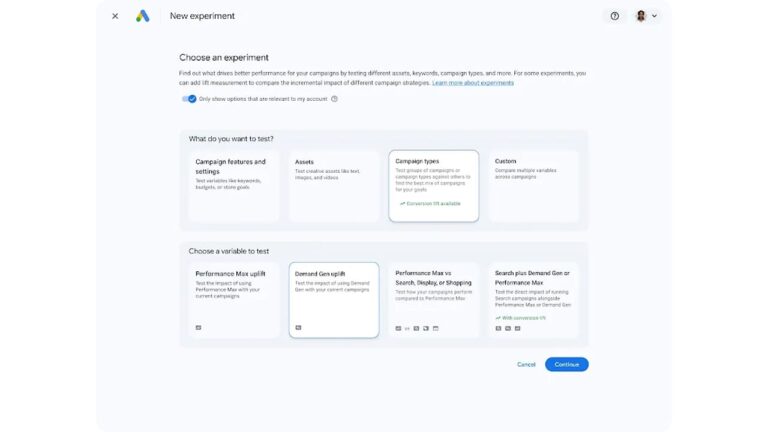 A Google Ads interface displays options to create a new experiment, including choices for what to test (features, assets, campaign types, or custom) and variables to test (Performance Max uplift, Demand Gen uplift, etc.).
