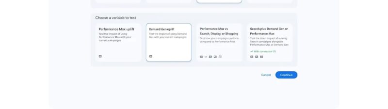 A Google Ads interface displays options to create a new experiment, including choices for what to test (features, assets, campaign types, or custom) and variables to test (Performance Max uplift, Demand Gen uplift, etc.).