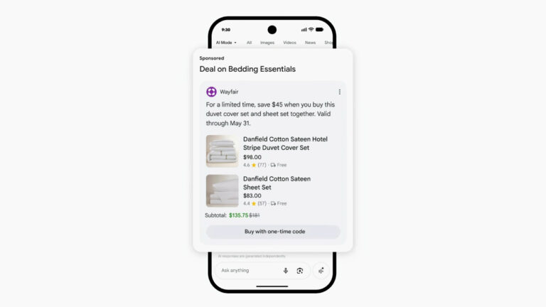 Screenshot of a Wayfair sponsored Google Shopping ad displaying a bedding essentials bundle offer with a duvet cover set for $98 and sheet set for $83, showing a subtotal of $135.75 with $45 savings