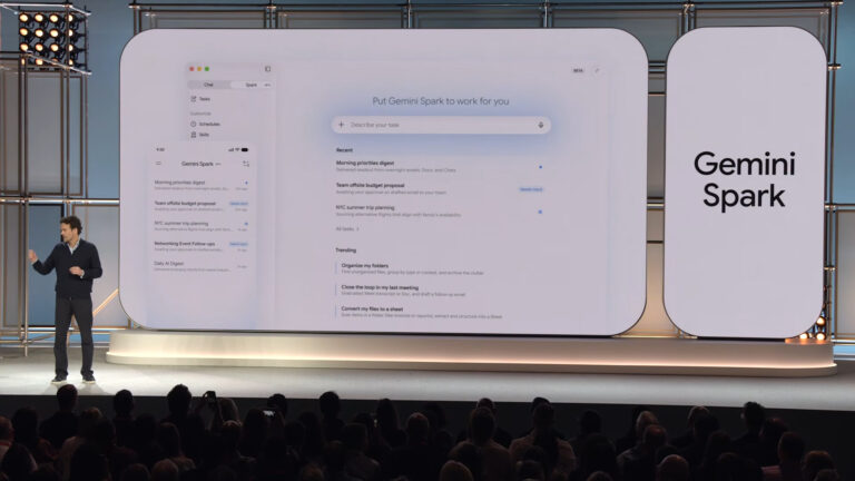 Presenter on stage demonstrating Gemini Spark interface on large display screen showing task management features including recent items, trending suggestions, and a description input field for AI-powered workflow automation.