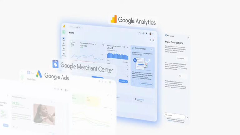 Google Analytics dashboard showing Ask Advisor feature with integrated Google Merchant Center and Google Ads platforms displaying performance metrics and recommendations for PPC advertising optimization