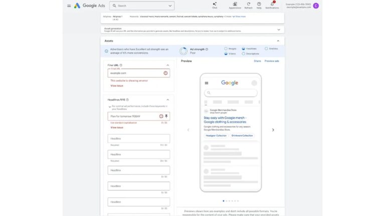 Google Ads interface showing asset creation section with final URL error and headlines for ad setup, displaying preview of Google search results with merchandise store ad