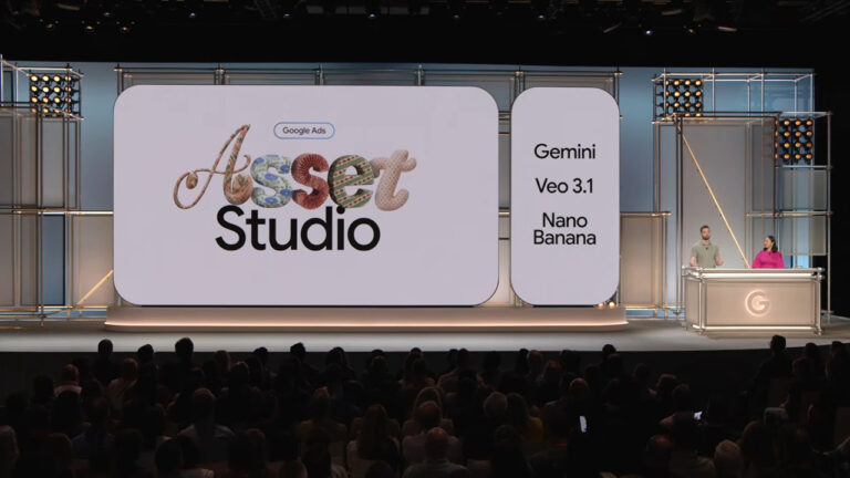 Google Ads Asset Studio presentation at conference showing Gemini, Vevo 3.1, and Nano Banana features on large display screen with presenters and audience