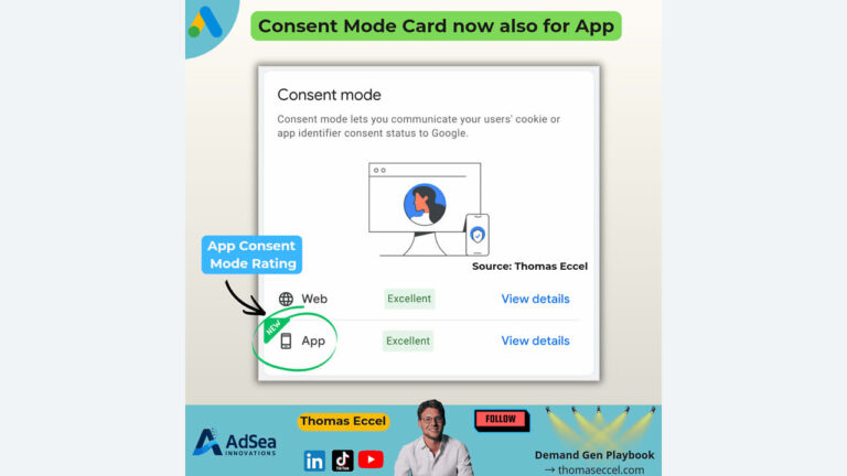 A digital graphic announces "Consent Mode Card now also for App." It displays a consent mode status screen with "Excellent" ratings for both Web and App. Logos and a photo of Thomas Eccel appear at the bottom.