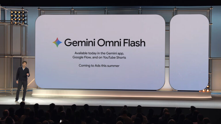 Presentation slide announcing Gemini Omni Flash with text stating availability in Gemini app, Google Flow, and YouTube Shorts, with coming to Ads this summer, presented by a speaker on stage at a conference.