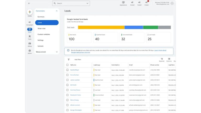 A dashboard displays Google-hosted form leads, showing totals for new, qualified, lead status, and lost leads. Below, a table lists individual leads with names, emails, and lead stages. Navigation menu is on the left.