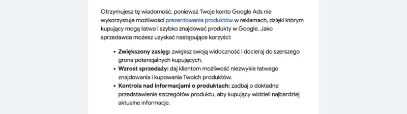 A Google Ads notice in Polish about automatic linking of Google Ads and Merchant Center accounts from June 6, 2026, listing benefits like increased reach, more sales opportunities, and product control.
