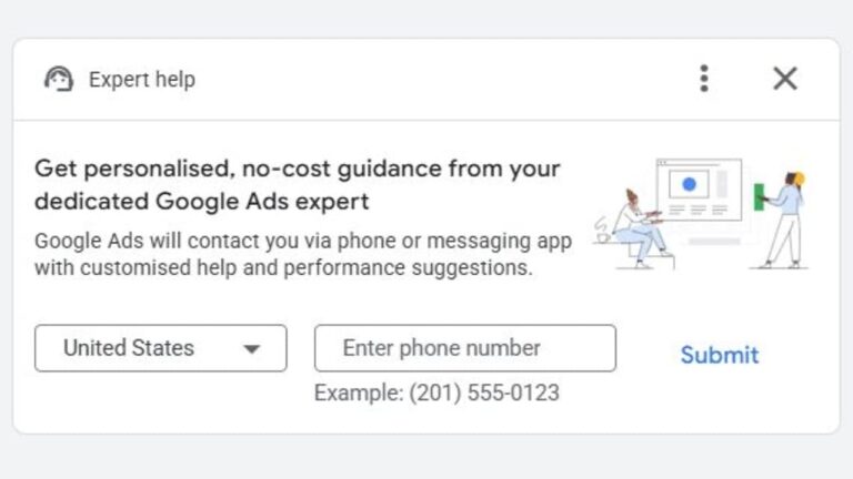 A Google Ads help popup offering free expert guidance, showing two people near a computer screen. It prompts users to select a country, enter a phone number, and submit for help. Example: (201) 555-0123.