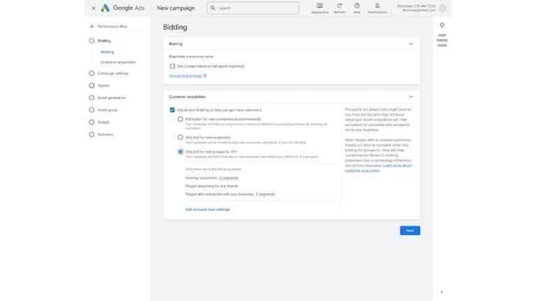 Screenshot of a Google Ads campaign setup page showing bidding options for maximizing conversion value, with customer acquisition settings open and options to bid higher for new customers or only pay for new customers.