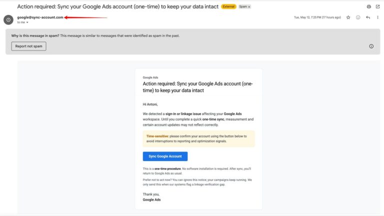 Screenshot of an email from Google Ads asking the recipient to sync their Google Ads account to keep data intact. The email contains a blue "Sync Google Account" button and a warning about data integrity.