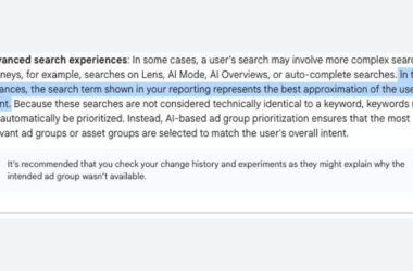 Screenshot of text explaining advanced search experiences, highlighting that search terms in reporting best approximate user intent. A note below recommends checking change history and experiments for potential explanation.