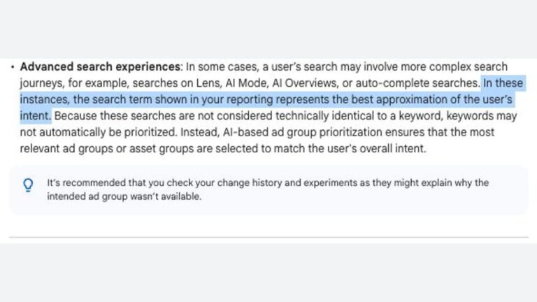 Screenshot of text explaining advanced search experiences, highlighting that search terms in reporting best approximate user intent. A note below recommends checking change history and experiments for potential explanation.