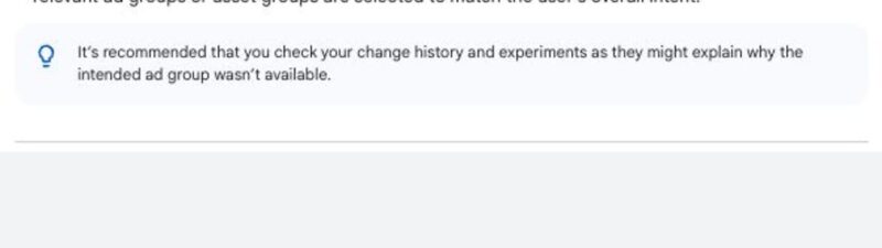 Screenshot of text explaining advanced search experiences, highlighting that search terms in reporting best approximate user intent. A note below recommends checking change history and experiments for potential explanation.