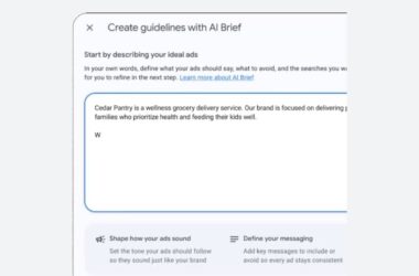 Screenshot of a form titled "Create guidelines with AI Brief." The user is entering a description for Cedar Pantry, a wellness grocery delivery service, in a text box powered by AI Max. Instructions and options appear below the text box.