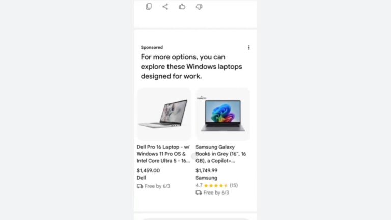 Sponsored ad showing Windows laptops for work including Dell Pro 16 laptop priced at $1,459.00 and Samsung Galaxy Book6 priced at $1,749.99 with free shipping by 6/3