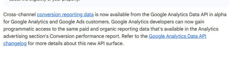 Screenshot of Google announcement dated May 4, 2026 describing cross-channel conversion reporting data availability in the Google Analytics Data API for analytics and ads customers
