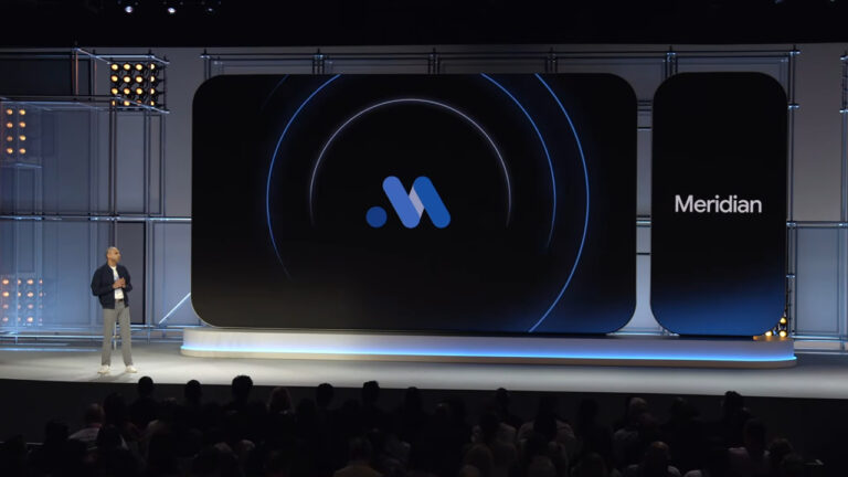 A presenter stands on stage next to a large display screen showing the blue Meridian logo with "Meridian" text, announced as an upcoming feature for Google Analytics 360.