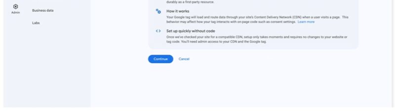 Screenshot of Google Ads Data Manager interface showing Google tag gateway setup with conversion tracking flow diagram and introduction to features for the example.com store.