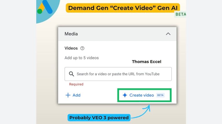Screenshot of a Google Ads interface showing an option to add up to five YouTube videos, with a highlighted “Create video BETA” button, labeled as "Probably VEO 3 powered." Text: "Demand Gen 'Create Video' Gen AI.