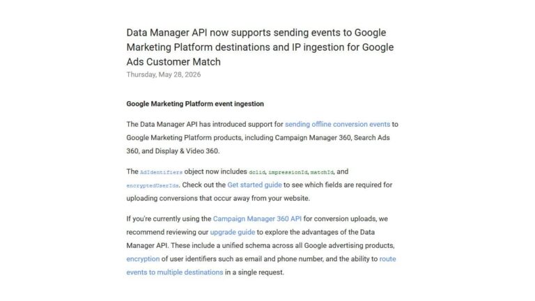 Screenshot of a blog post announcing that the Data Manager API now supports Event Ingestion for Google Ads Customer Match and conversion tracking, with highlighted text and links to related resources.