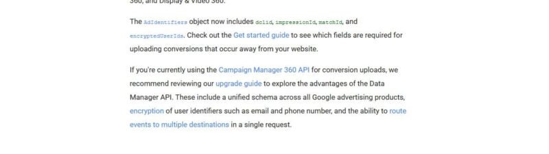 Screenshot of a blog post announcing that the Data Manager API now supports Event Ingestion for Google Ads Customer Match and conversion tracking, with highlighted text and links to related resources.