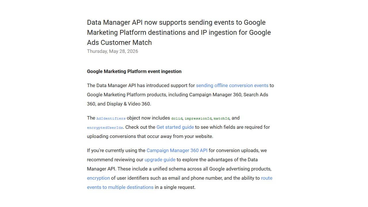 Screenshot of a blog post announcing that the Data Manager API now supports Event Ingestion for Google Ads Customer Match and conversion tracking, with highlighted text and links to related resources.