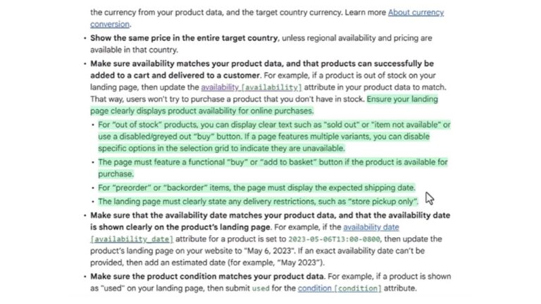 Screenshot of Google's product landing page requirements guidelines showing bullet points about currency conversion, pricing, availability matching, stock status displays, preorder dates, and product condition attributes.