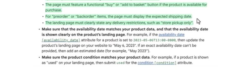 Screenshot of Google's product landing page requirements guidelines showing bullet points about currency conversion, pricing, availability matching, stock status displays, preorder dates, and product condition attributes.