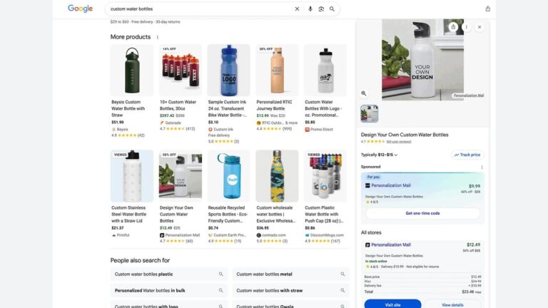 Google search results page for "custom water bottles" showing images and prices of various customizable water bottles in different colors, shapes, and styles, with options to add logos or personalized designs.