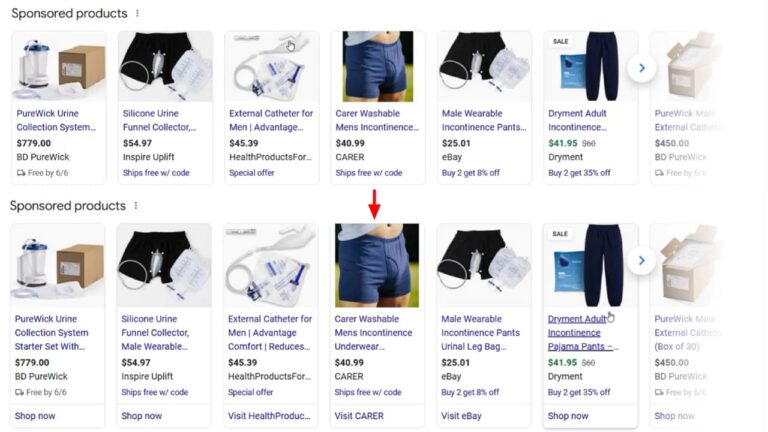 Screenshot comparison showing Google Shopping ads before and after animation, with red arrow pointing to highlighted product card demonstrating new animated features in sponsored product listings