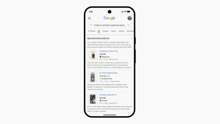 Google search results for compact espresso machine showing sponsored product listings for Nespresso Vertuo Up, EF-750 SwiftPod Elite, and Rovetta Capsule Pro with prices and ratings displayed on mobile phone screen.