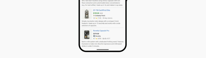Google search results for compact espresso machine showing sponsored product listings for Nespresso Vertuo Up, EF-750 SwiftPod Elite, and Rovetta Capsule Pro with prices and ratings displayed on mobile phone screen.