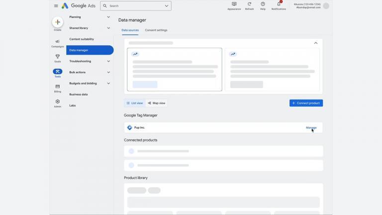 Screenshot of the Google Ads Data Manager page showing data sources, connected products, and a mouse pointer hovering over the "More" button next to "Pup Inc." under Google Tag Manager.