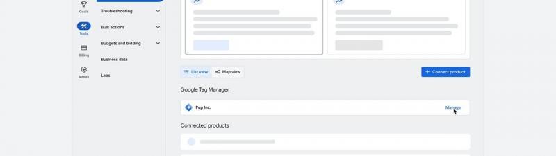 Screenshot of the Google Ads Data Manager page showing data sources, connected products, and a mouse pointer hovering over the "More" button next to "Pup Inc." under Google Tag Manager.